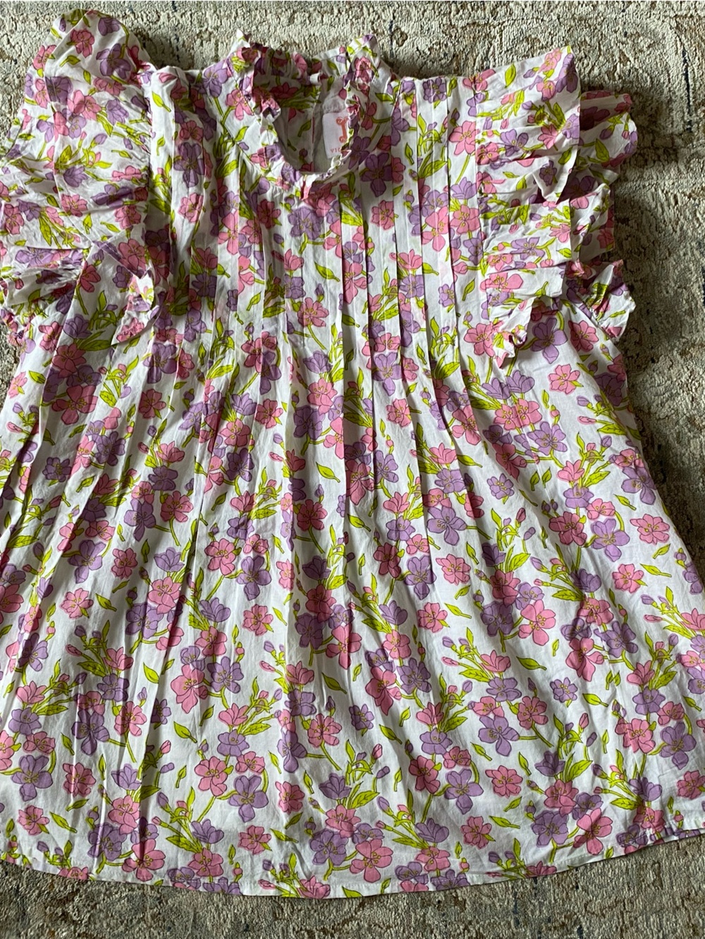 Victoria Dunn Floral Ruffle Sleeve Blouse in Pink, Purple, Green on White